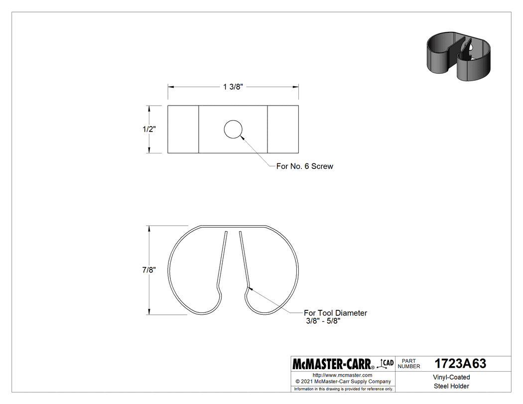 Technical Drawing of Vinyl-Coated Steel Tool Holder, 3/8"-5/8" Tool Diameter.